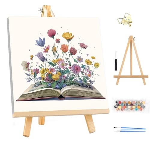 EOBROMD Framed Paint by Numbers Kits for Adults with Wooden Easel, Flowers Book DIY Paint by Numbers Kits for Beginner, Painting on Stretched Canvas, Oil Crafts Home Decor Gift 10x10 Inch - color: LG042