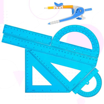 Zonon 1 Set Plastic Geometry Math Set 7 Pcs Includes 6'' / 4 '' Protractor, Drawing Compass, 45/60 Degree Triangle Rulers, 12'' / 6'' Math Ruler Transparent for Office Supplies(Blue) - color: Blue