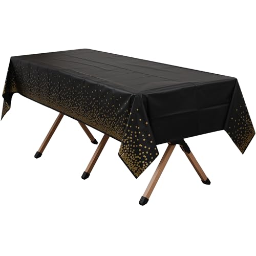 2 Pack Gold Polka Dots Black Premium Plastic Tablecloth Rectangle 54 x 108 Inches Reusable Gold Spot Decorative Black Table Cover for Dining, Wedding, Party, Indoor and Outdoor use - color: H05 Gold Dot Black, size: Rectangle 54"x108"