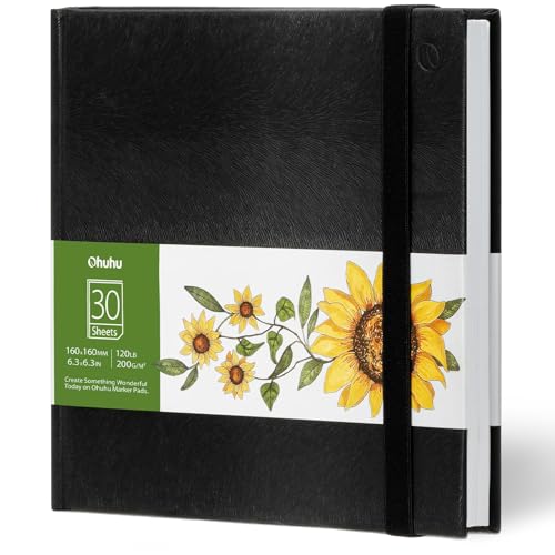 Ohuhu 6.3"x6.3" Marker Paper Pad Art Sketchbook for Drawing and Sketching | Mini Sketch Book - 120 LB/200 GSM Smooth Drawing Paper - 30 Sheets/60 Pages - PU Hardcover Sketch Pad for Alcohol Markers - size: 6.3" x 6.3"