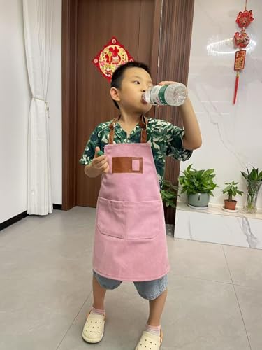 Canvas Aprons for Kids, Childrens Aprons with 4 Pockets and Card Slot Pocket for Painting Crafting Kitchen - color: Pink
