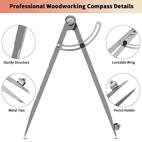 Compass for Woodworking, 8 inch Precision Woodworking Compass with Wing Divider and Pencil Holder, Large Compass for Geometry, Woodworking Compass, Drafting, Drawing Compass - size: 8inch