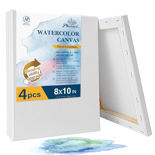 PHOENIX Professional Stretched Watercolor Canvas - 8x10 Inch/4 Pack, 100% Cotton Water Color Canvases for Painting, 8 Oz. / 260g White Blank Medium Texture Canvas for Water Based Paints - size: 8"x10", style: Framed Canvas