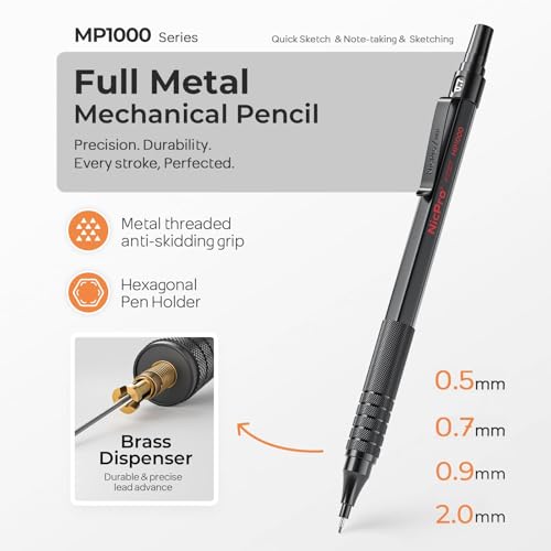 Nicpro 45PCS Black & Silver Metal Mechanical Pencil Set in Leather Case, Art Drafting Pencil 0.5, 0.7, 0.9 mm, 2mm Lead Holders for Sketching Drawing With 27 Tube (6B 4B 2B HB 2H 4H Colors)Lead Refill | Art Drafting Pencil 0.5-0.9 mm, 2mm Lead Pencil Hold