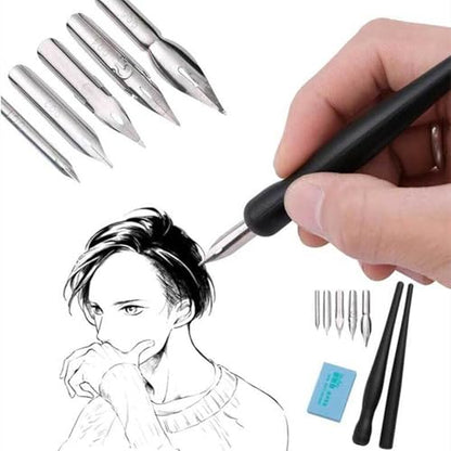 Manga Pen Cartoon Comic Pen Nib Drawing Tools Comic Dip Pen Set with 2 Black Pen Holders 5 Nibs 1 Drawing Eraser