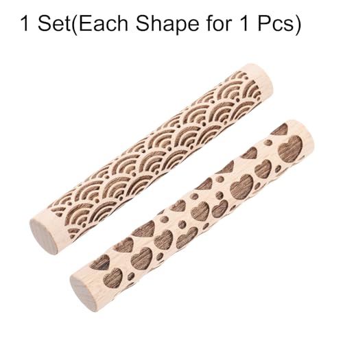 HARFINGTON 2pcs Wood Clay Roller 4"Water Wave Heart Pattern Rolling Pins Pottery Tools Wood Grain Texture Rollers for Clay Baking Dough Playdough DIY - style: Water Wave + Heart