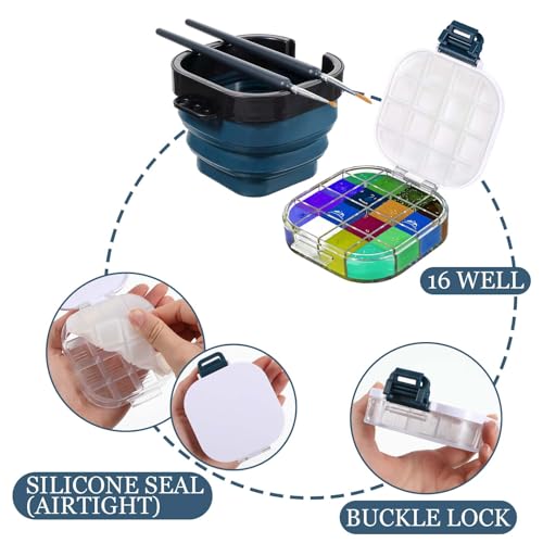 2 PCS Airtight Paint Saver Storage Palette Box, 16 Well Palette Box with Lid, Include Paint Brush Basin, Perfect for Gouache, Acrylic, Watercolor and Oil Painting (Blue, Black)
