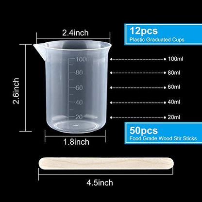 Coopay 12 Pack 100ml/3.4oz Plastic Beakers Epoxy Mixing Cups, Plastic Graduated Cups Clear Multipurpose Measuring Cups with 50 Pack Wooden Stirring Sticks for Resin, Epoxy, Stain, Mixing Paint - size: 100ml