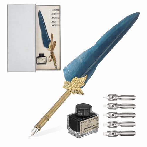 PATIKIL Feather Quill Pen Set, 1 Set Vintage Feather Calligraphy Pen Fountain Dip Pen Set with Ink, Pen Holder and Replacement Nibs for Beginner Writer Writing Gift, Navy Blue(Silver Box) - color: Navy Blue