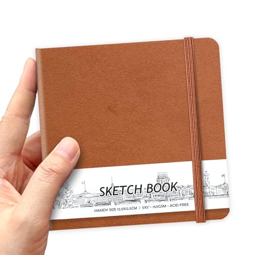 5" x 5" Hardcover Sketch Book,58 Sheets Small Mixed Media Pocket Sketch Pad | PU Cover,150 GSM Acid Free Artist Drawing Paper,Travel Journal Blank Notebook for Adults Sketching,Illustration. - color: 150gsm PU-light brown