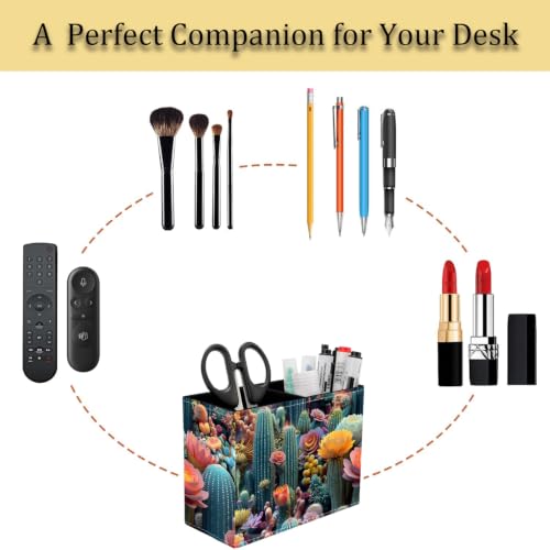Pen Holder for Desk, PU Leather Multifunctional Desktop Storage Box and Anti-Slip Mouse Pad Set, Makeup Brush Holder Pen Organizer for Office and Home - Colorful Desert Cactus - color: Colorful Desert Cactus