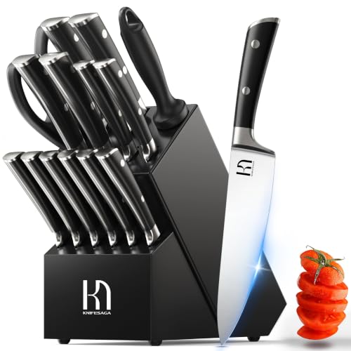 KnifeSaga Knife Set 15 Pcs High Carbon Stainless Steel Kitchen Knife Sets with Block & Sharpener, Premium Razor-Sharp Black Knives Block Set for Kitchen, Ergonomic Full-Tang Handle - color: Dark Black