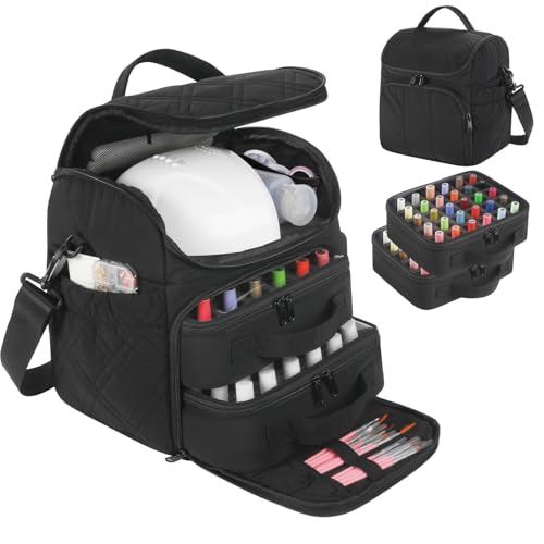 FCQQYWZ Nail Polish Organizer with 2 Detachable Cases Hold 60 Bottles & Nail Lamp, Portable Nail Organizers and Storage with Handle & Shoulder Strap, Travel Nail Bag for Manicure Tools - color: 60-Bottles-Black