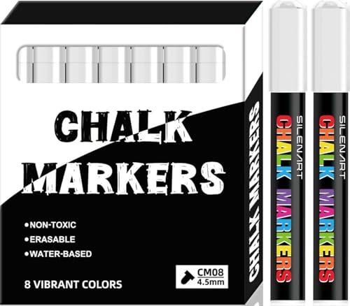 SILENART White Liquid Chalk Markers for Blackboard Chalkboard Window Marker Pen for Car Glass - 8 Pack - color: White, style: 3mm Tip - 8 Pack