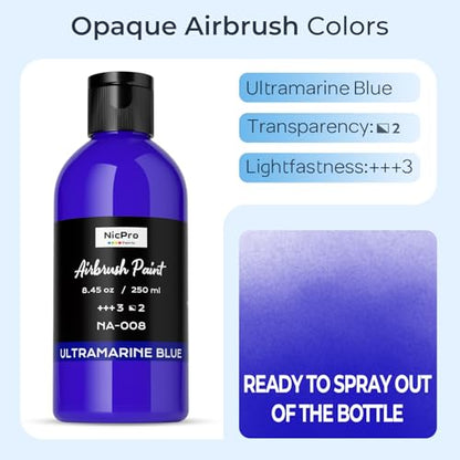 Nicpro Blue Large Airbrush Paint (8.45 oz, 250 ml) Ready to Spray Opaque Water-Based Acrylic Air Brush Paints for Model, Wood, Canvas, Metal, Plastic, Leather, for Beginners & Artists - color: Blue