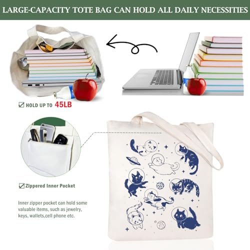 Canvas Aesthetic Tote Bag for Women with Inner Pocket Totes Shoulder Book Bag Shopping Reusable Grocery Bags - color: Cats in Space
