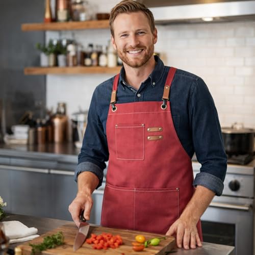 Chef Aprons for Men Canvas Apron with Large Pockets and Adjustable Neck Strap for Cooking,BBQ, Gardening - color: Hot Pink