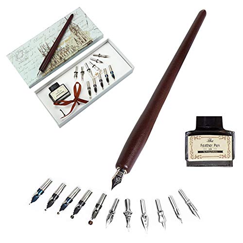 Calligraphy Pens Set -Wooden Dip Pen Handcrafted Calligraphy Set with 11 Nibs & Black Ink - color: Wooden dip pen
