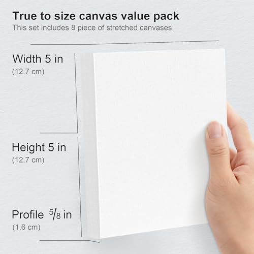 PHOENIX Small Stretched Canvas for Painting 5x5 Inch/8 Value Pack, 8 Oz Triple Primed 5/8 Inch Profile 100% Cotton White Blank Canvas, Square Framed Canvas for Oil Acrylic & Pouring Art - size: 5"x5", style: Studio Set (8 Oz.)