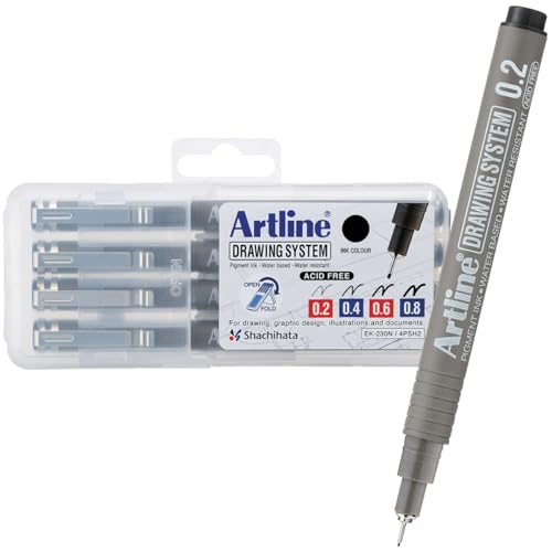 Artline 230 Drawing System Pens, Technical Drawing Pens For Drafting, Illustrating, and More, 0.2mm, 0.4mm, 0.6mm, and 0.8mm Fine Tips - Black, 4-Pack - style: 0.2, 0.4, 0.6, 0.8mm Nib Sizes | 4-Pack