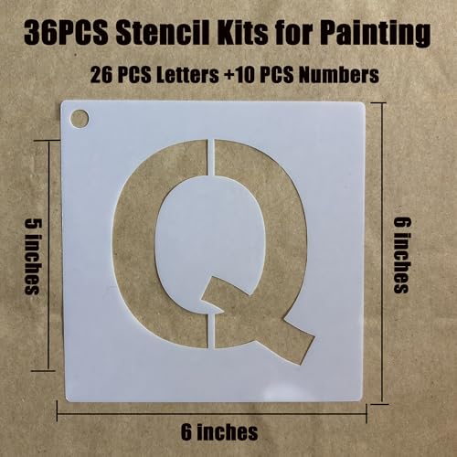 Letter and Number Stencils, 5 Inch, 36 Pieces Reusable Alphabet Templates for Wood, Wall, Fabric, DIY Projects