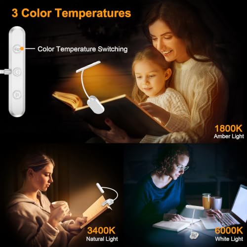 Gritin Rechargeable Book Light for Reading in Bed with 19 LED | Eye Caring 3 Color Temps, 5 Brightness Levels, Memory Function, 90 Hrs Runtime Flexible Goose Neck Clip on Light-White - color: White