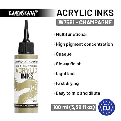 Kamenskaya Acrylic Inks for Artists - 'Champagne' Acrylic Ink, 3.38 Fl Oz (100 ml) | Highly Concentrated, Multifunctional Liquid Acrylic Paint - color: Champagne