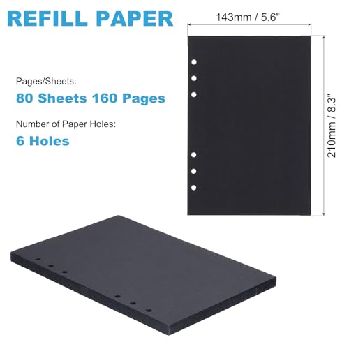 PATIKIL A5 Refill Paper, Unlined Blank Kraft Paper 6 Hole Filler Inserts Loose Leaf Paper for 6 Ring Binder, 80 Sheets/160 Pages, Black