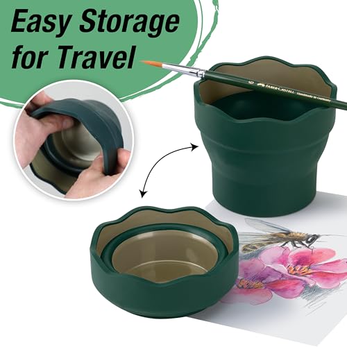Faber-Castell Clic & Go Artist Water Cup, Dark Green - Travel-Friendly Collapsible Brush Cleaner Tool with Brush Stand, Scalloped Rim, Non-Slip Base, Portable Palette & Rinser - size: 1 Count (Pack of 1), style: Dark Green