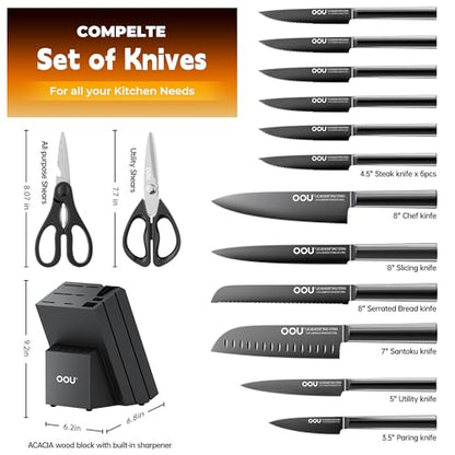 OOU Kitchen Knife Block Set - 15 Pieces High Carbon Stainless Steel Knife Block Set with Built-in Sharpening Blocks, Black