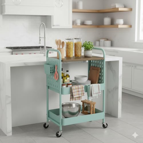 3 Tier Rolling Cart, Metal Storage Cart with Wooden Tabletop, Storage Cart with DIY Pegboards & Locked Wheels, Hooks & Hanging Cups for Any Room - color: Green