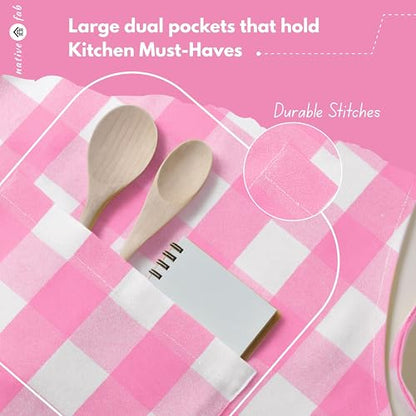Native Fab Kitchen Apron 2 Pack - 100% Cotton Adjustable, Durable Apron with Pockets, Perfect for Cooking, Baking, Grilling - color: Buffalo, Rose Pink