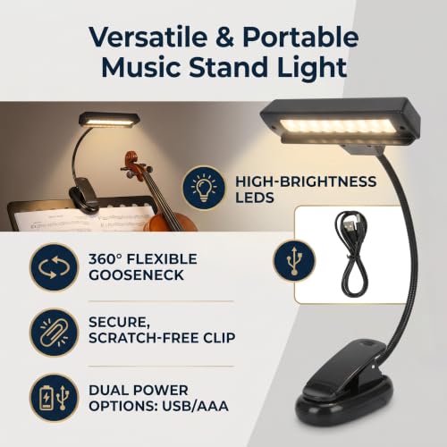 Music Stand Light, Clip on LED Lamp with 10 Bright LEDs, 360° Adjustable Gooseneck, USB or Battery Powered for Piano, Sheet Music, Desk, Travel
