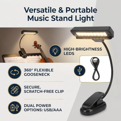 Music Stand Light, Clip on LED Lamp with 10 Bright LEDs, 360° Adjustable Gooseneck, USB or Battery Powered for Piano, Sheet Music, Desk, Travel