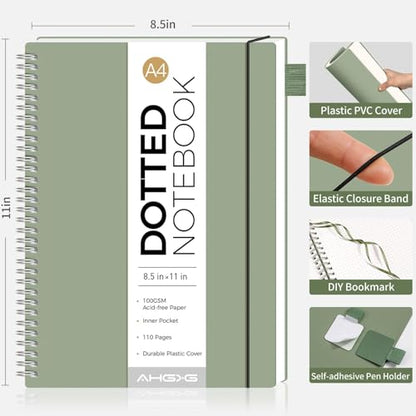 AHGXG Dotted Journal, Grid Spiral Notebook, 110 Pages, A4 (8.5" x 11") | 100 GSM Thick Dot Paper, Waterproof Plastic Cover Journals for Journaling, Sketching (Sage Green) - color: Sage Green, style: A4-Dotted