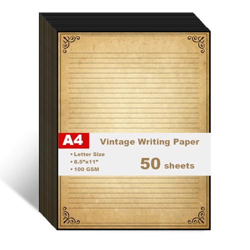 Vintage Lined Paper with Antique Border Design, 50 Sheets, Stationary Paper for Writing Letters, 100gsm, 11 x 8.5'', Aged Stationery for Writing Letters, Invitations, Stationery Writing Papers