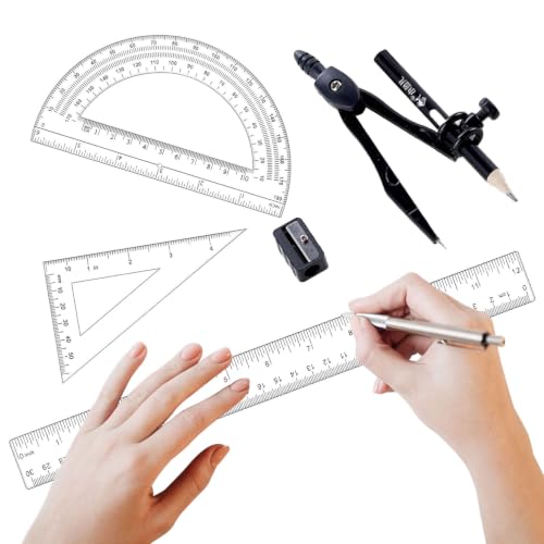 Plastic Geometry Math Set,12 Inch Ruler,Compass,Pencil,Protractor Square | Sharpener Set for Student School Office