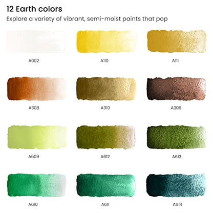 ARTEZA Watercolor Paint Set, 12 Earth Tone Half Pans with Water Brush - color: Earth Tones