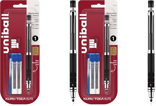 UNI uniball Kuru Toga Elite Mechanical Pencil Starter Kit,0.5mm,HB #2,Gun Metal Barrel,(Pack of 2) - color: Gun Metal, size: 1 Count (Pack of 2)