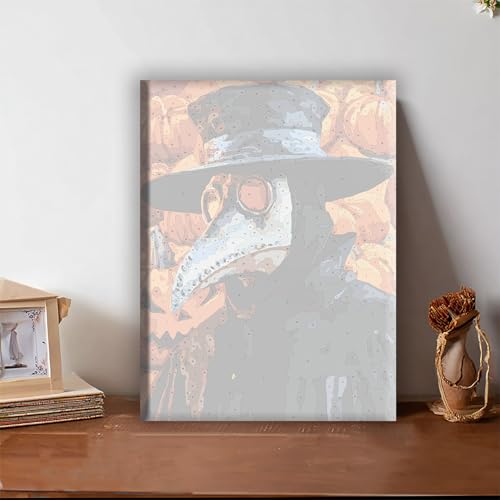 Aeontinity Plague Doctor Halloween Gothic Framed Canvas DIY Paint by Numbers Kit Bar Cafe Cave Home Room Wall Bathroom Porch Patio Decor Gift, 16 x 12 Inch - color: PLAGUE DOCTOR HALLOWEEN
