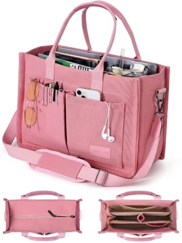 FIORETTO Canvas Tote Bag for Women with Zipper Closure & Individual Compartments for Work College for Teacher & Nurse - color: Pink, size: Medium