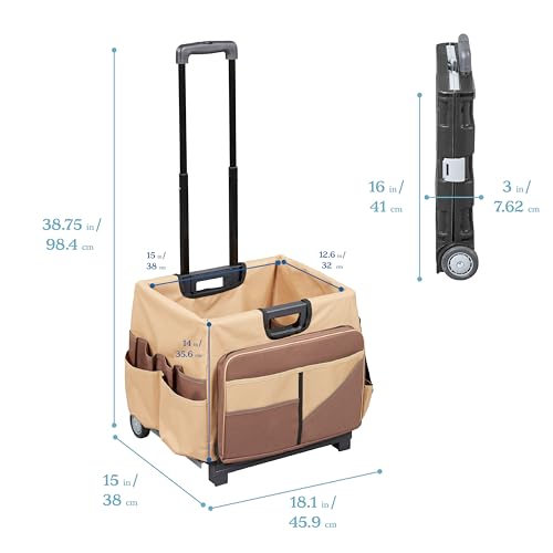 ECR4Kids Universal Rolling Cart with Canvas Organizer Bag, Mobile Storage, Dark Grey/Grey | Durable plastic, 30 compartments, adjustable handle, 40 lb capacity, collapses to 3" thick, rolling wheels for easy transport - color: Chocolate/Sand