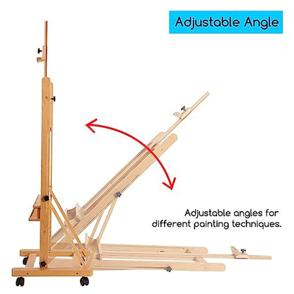 MEEDEN Large Studio H-Frame Beech Wood Artist Easel - Adjustable Movable Tilting Easel, Floor Painting Easel Stand, Holds Canvas Art up to 48" - color: Natural, size: Easel with Wheels