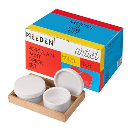 MEEDEN 2 Pack Porcelain Palette Cup: Deep Well Oil Paint Dipper | Ceramic Palette with Lid, Oil Painting Cup, Artists Paint Water Cup, Brush Wash Bowl with Beech Wood Tray - size: Not Available | 2 Wells