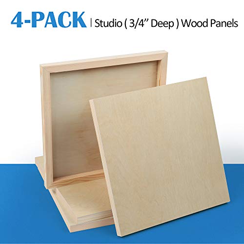 4 Pack 12x12’’ Unfinished Birch Wood Panels Kit for Painting | Studio 3/4’’ Deep Wooden Canvas, Cradle Boards for Acrylic Pouring, Art, Crafts, Epoxy Resin, Laser Engraving Cutting - size: 12'' x 12'' Studio