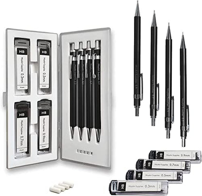 MozArt Mechanical Pencil Set with Case - 4 Sizes: 0.3, 0.5, 0.7 & 0.9mm with 30 HB Lead Refills Each & 4 Eraser Refills -Sketch, Drafting, Art, Drawing Supplies (Black) - color: Black