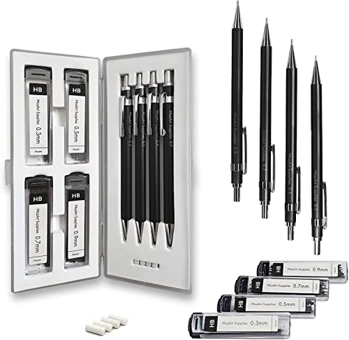 MozArt Mechanical Pencil Set with Case - 4 Sizes: 0.3, 0.5, 0.7 & 0.9mm with 30 HB Lead Refills Each & 4 Eraser Refills -Sketch, Drafting, Art, Drawing Supplies (Black) - color: Black