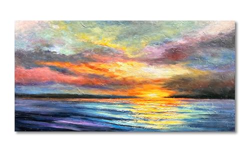 Art Hand-Painted Sea Sunset Landscape Modern Abstract Oil Painting on Canvas Art Hall Bedroom Office Wall Decoration 24x48 Inches - color: Yi044