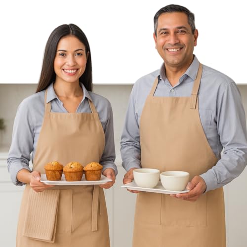 Native Fab Kitchen Apron 2 Pack - 100% Cotton Adjustable, Durable Apron with Pockets, Perfect for Cooking, Baking, Grilling - color: Beige