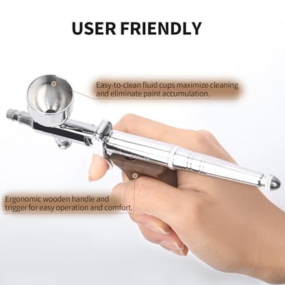 Bucasso Airbrush Kit, Air Brush Spray Gun with 0.3mm/0.5mm/0.8mm Needles/Nozzle Sets, 3cc/7cc/11cc Replaceable Fluid Cup for Painting Model Nails Cake Tattoo Makeup - color: W002-Walnut